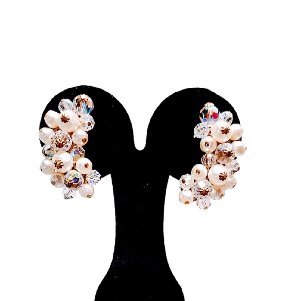 1960s True Vintage Large Curved White Pearls & Crystal Bead Earrings By Laguna